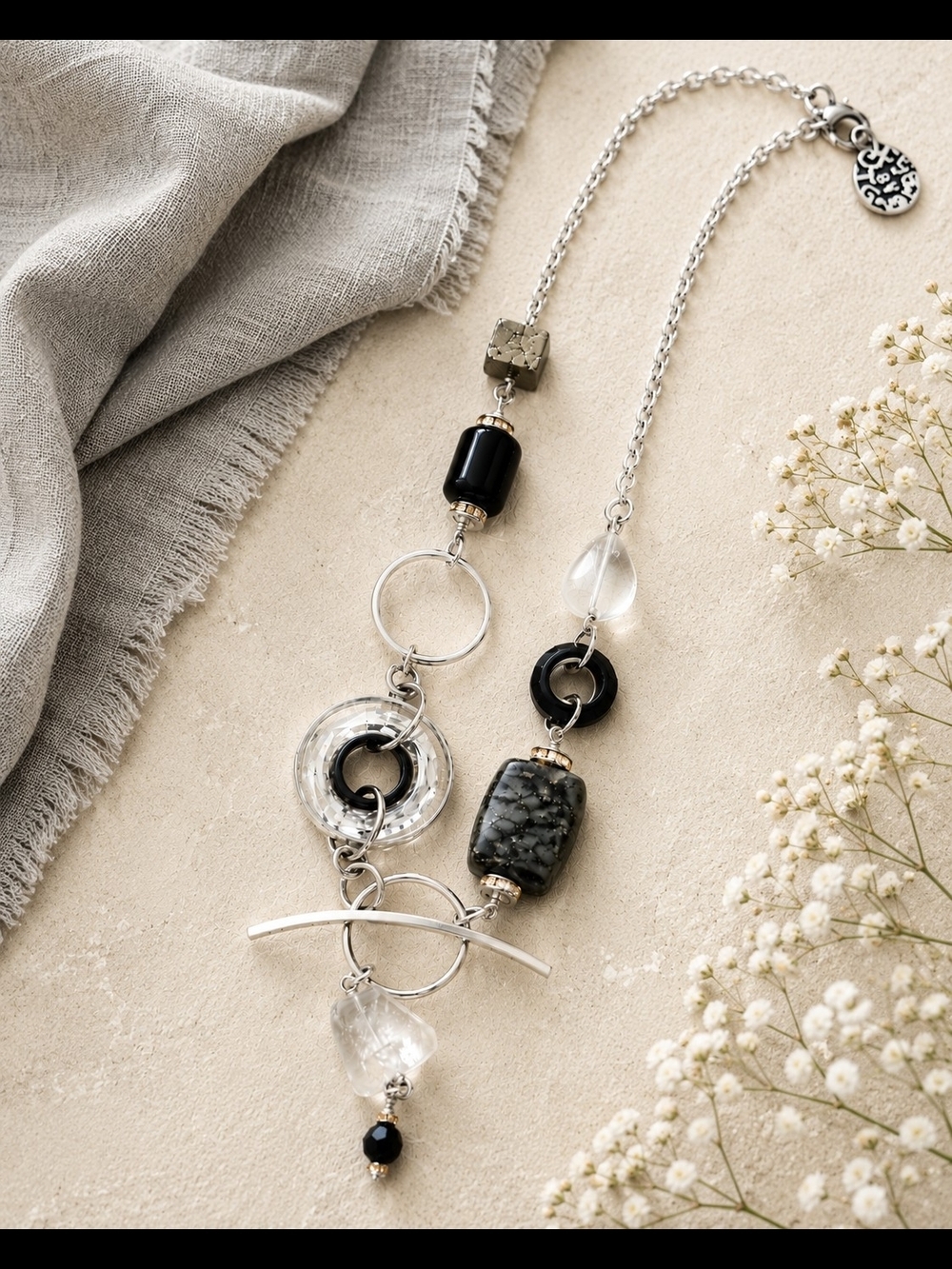 BeJeweled 925 Sterling Silver Artisan Statement Necklace Crystal & Black Stone